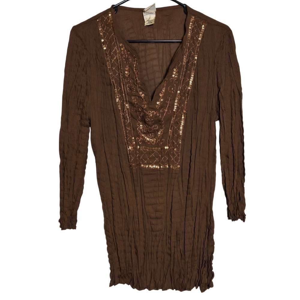 Y2K Faded Glory Brown Crinkle Embroidered Tunic Top Large Boho Hippie Festival